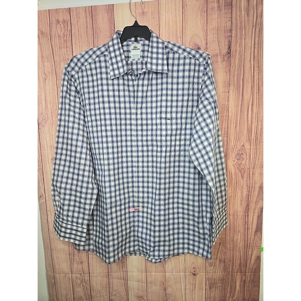 Lacoste Men's Blue Plaid Long Sleeve Button Down Shirt Size 46 US 2XL Slim Fit